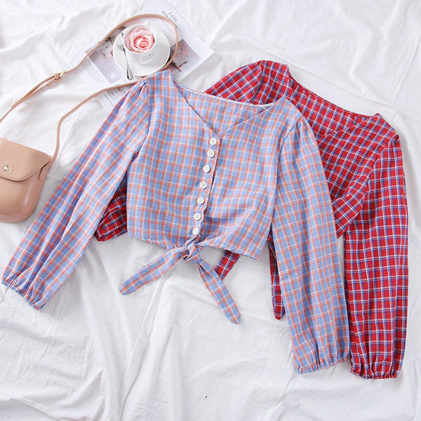 Új modell kockás női blúz, nyakkendővel és gombbal több színben