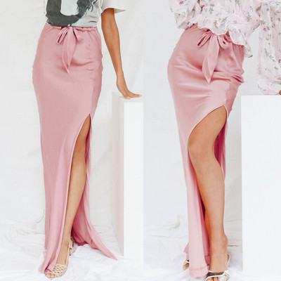 Елегантна дамска дълга пола с цепка в розов цвят 