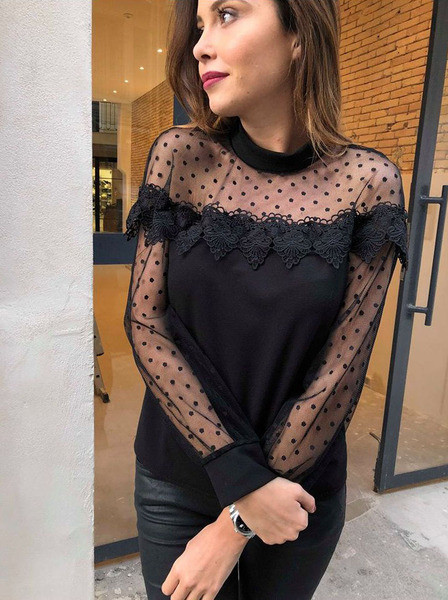 Bluză de damă modernă cu mâneci lungi și guler înalt în negru