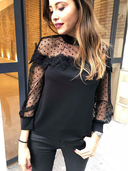 Bluză de damă modernă cu mâneci lungi și guler înalt în negru