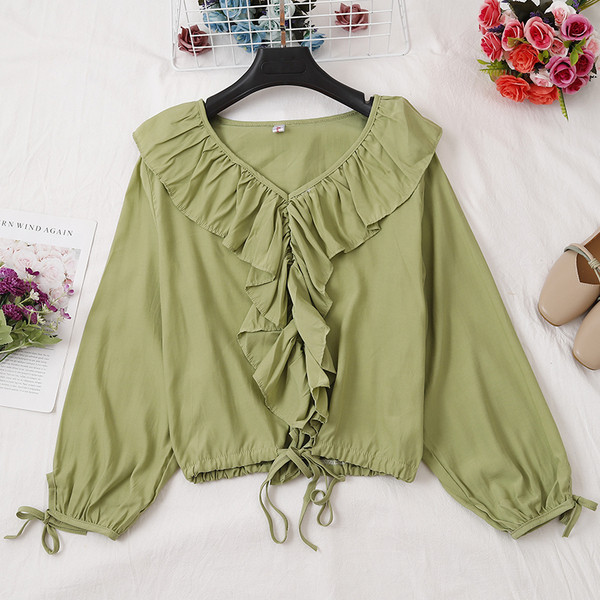 Bluză de damă modernă în cinci culori, cu decolteu în V și șireturi