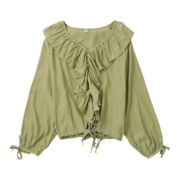 Bluză de damă modernă în cinci culori, cu decolteu în V și șireturi