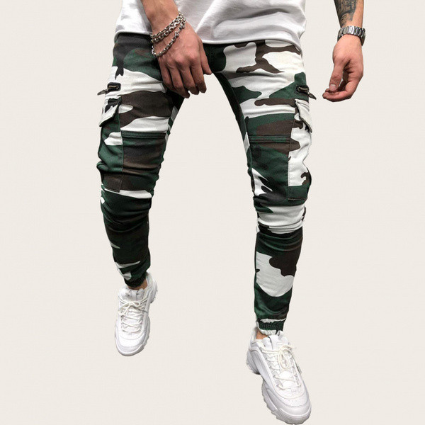 Pantaloni sport pentru bărbați cu model de camuflaj și buzunare laterale
