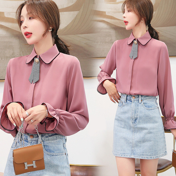 Cămașă de damă actuală în roz cu mâneci lungi