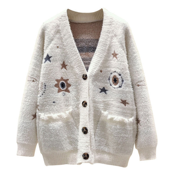 Női kardigán fehér, fekete és rózsaszín hímzéssel