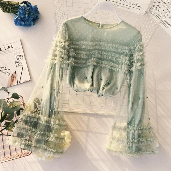 Modern női ing széles ujjal és gyöngyökkel több színben