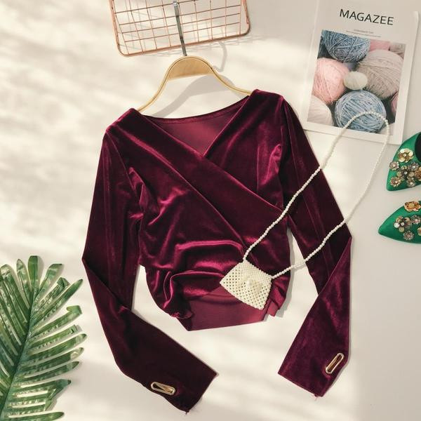 Bluza de dama actuala din catifea cu decolteu in V in diferite culori