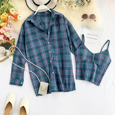 Καρό γυναικείο σετ - μακρύ πουκάμισο και  μπουστάκι σε διάφορα χρώματα