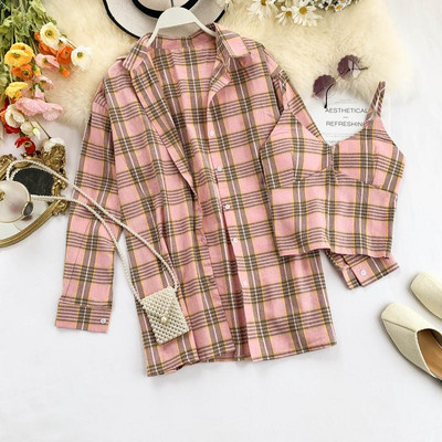 Καρό γυναικείο σετ - μακρύ πουκάμισο και  μπουστάκι σε διάφορα χρώματα