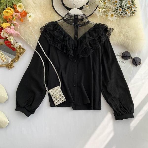 Stílusos női ing csipkével és hosszú ujjú fehér és fekete színben