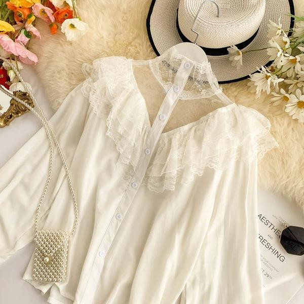 Stílusos női ing csipkével és hosszú ujjú fehér és fekete színben