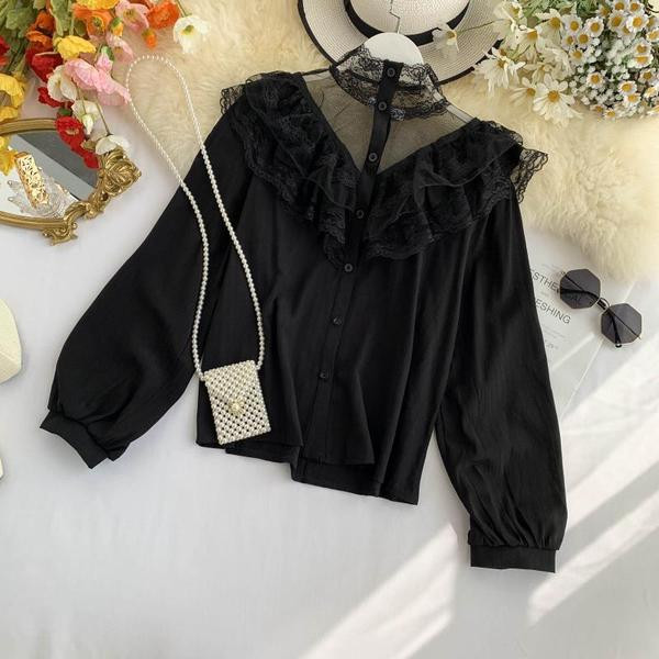 Stílusos női ing csipkével és hosszú ujjú fehér és fekete színben