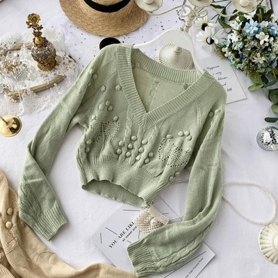 Pulover de dama model nou cu decolteu in V in albastru, verde si galben