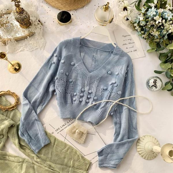 Pulover de dama model nou cu decolteu in V in albastru, verde si galben