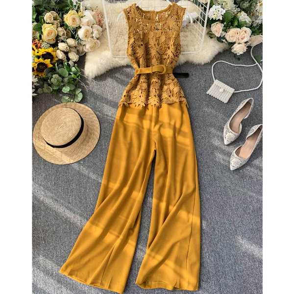 Elegáns női overál széles modell csipkével és övvel több színben