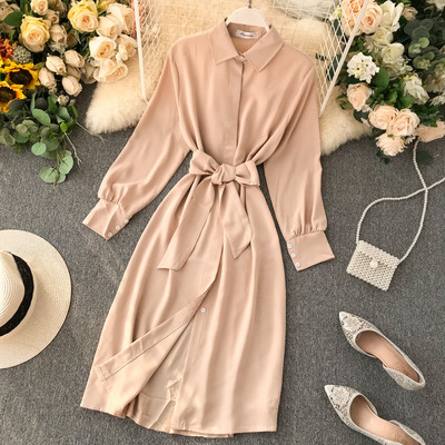 Κομψό γυναικείο φόρεμα με κολάρο και ζώνη στη  μέση σε διάφορα χρώματα