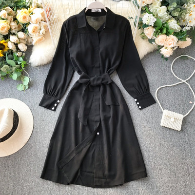 Κομψό γυναικείο φόρεμα με κολάρο και ζώνη στη  μέση σε διάφορα χρώματα