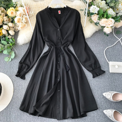 Μοντέρνο γυναικείο φόρεμα με μακριά μανίκια με ζώνη στη  μέση σε διάφορα χρώματα