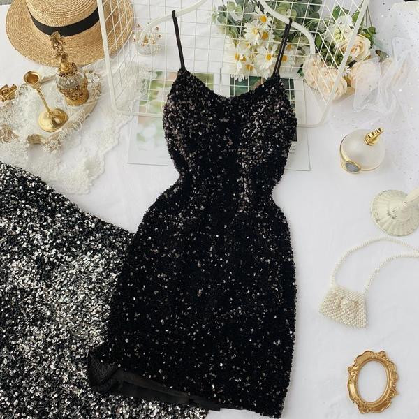 Rochie scurta de dama moderna cu paiete in negru si gri