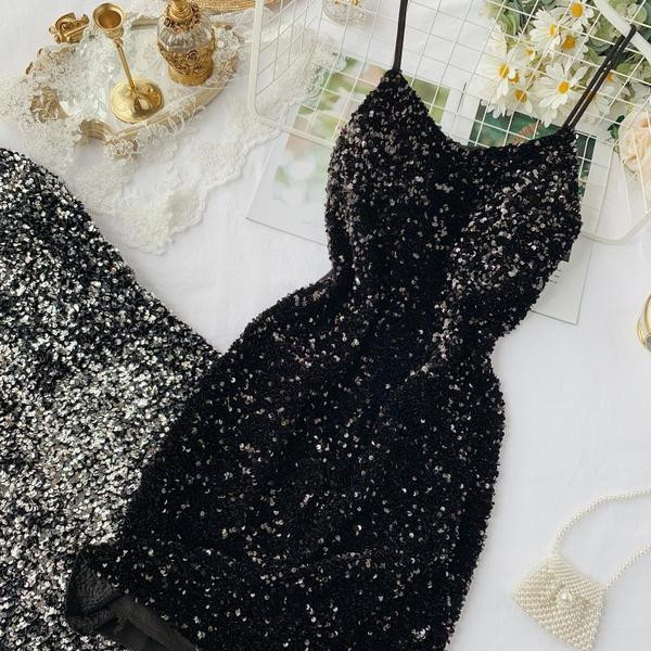 Rochie scurta de dama moderna cu paiete in negru si gri