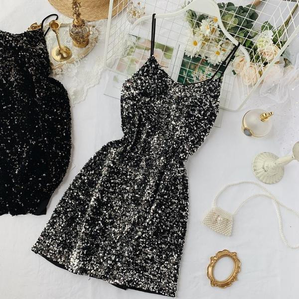 Rochie scurta de dama moderna cu paiete in negru si gri