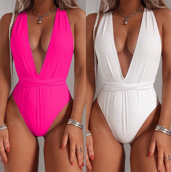 Teljes fürdőruha V-nyakú fehér és rózsaszín színben