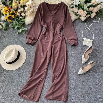 Κομψή γυναικεία ολόσωμη φόρμα με μακρύ μανίκι και V-λαιμό σε πολλαπλά χρώματα