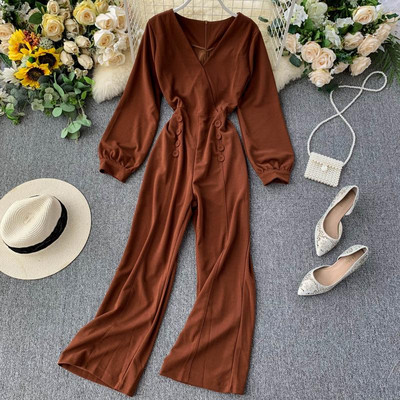 Κομψή γυναικεία ολόσωμη φόρμα με μακρύ μανίκι και V-λαιμό σε πολλαπλά χρώματα