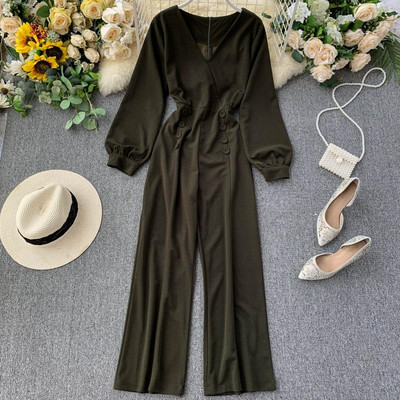 Κομψή γυναικεία ολόσωμη φόρμα με μακρύ μανίκι και V-λαιμό σε πολλαπλά χρώματα