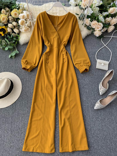 Κομψή γυναικεία ολόσωμη φόρμα με μακρύ μανίκι και V-λαιμό σε πολλαπλά χρώματα