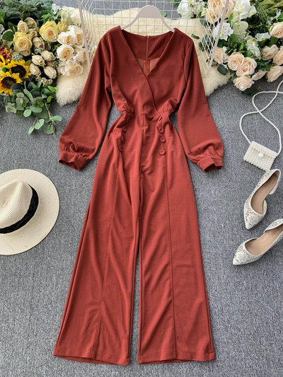 Κομψή γυναικεία ολόσωμη φόρμα με μακρύ μανίκι και V-λαιμό σε πολλαπλά χρώματα