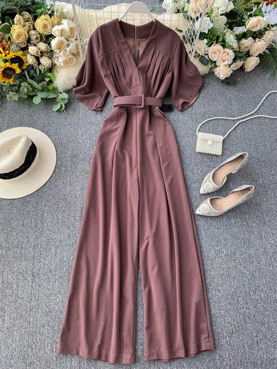 Κομψή μακρύ  γυναικεία ολόσωμη φόρμα με 3/4 μανίκια και ζώνη σε διάφορα χρώματα