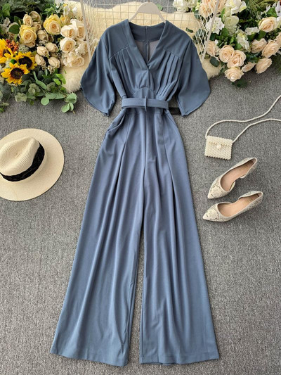 Κομψή μακρύ  γυναικεία ολόσωμη φόρμα με 3/4 μανίκια και ζώνη σε διάφορα χρώματα