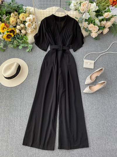 Κομψή μακρύ  γυναικεία ολόσωμη φόρμα με 3/4 μανίκια και ζώνη σε διάφορα χρώματα