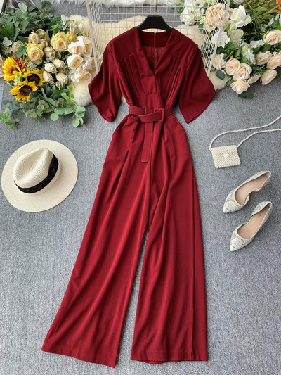 Κομψή μακρύ  γυναικεία ολόσωμη φόρμα με 3/4 μανίκια και ζώνη σε διάφορα χρώματα