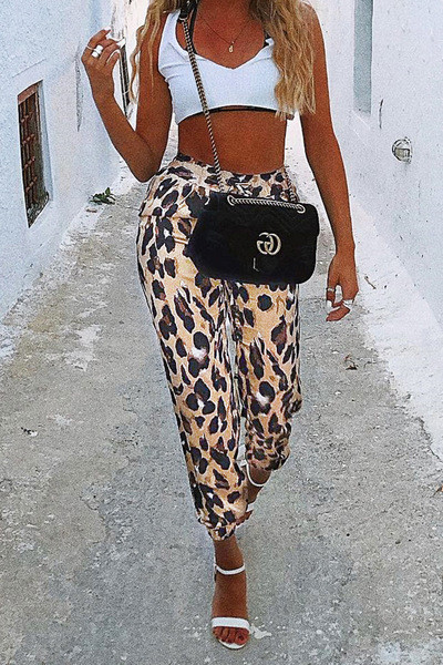 Elegáns női nadrág magas derékkal, állatmintával