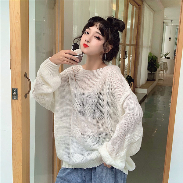 Modern női pulóver O-nyakkal - fehér és zöld