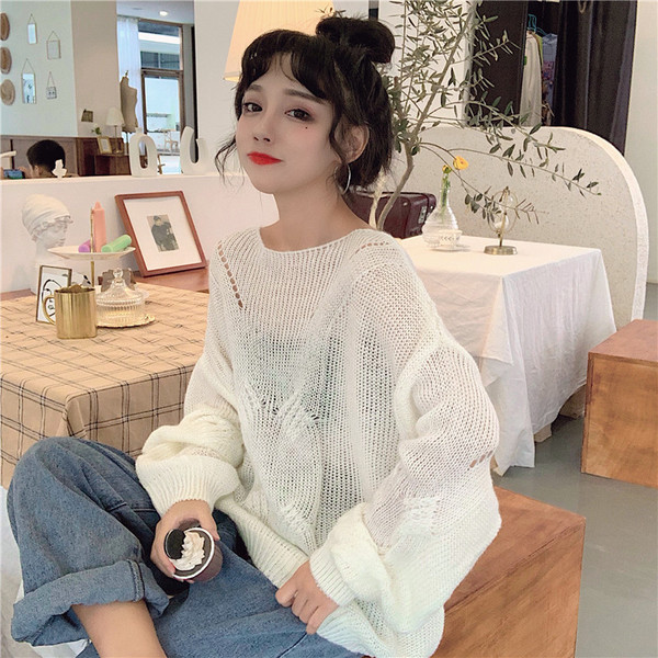 Modern női pulóver O-nyakkal - fehér és zöld