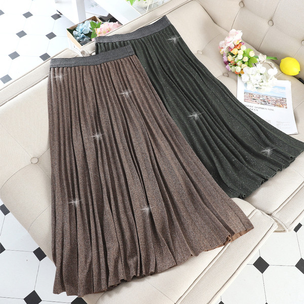 Hosszú női szoknya magas derékkal, fényes hatással több színben