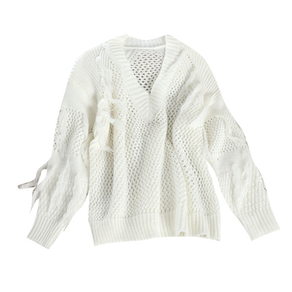 Pulover de damă cu decolteu în V alb-negru