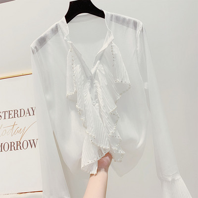 Κομψό γυναικείο πουκάμισο με V-λαιμό και λωτού μανίκια