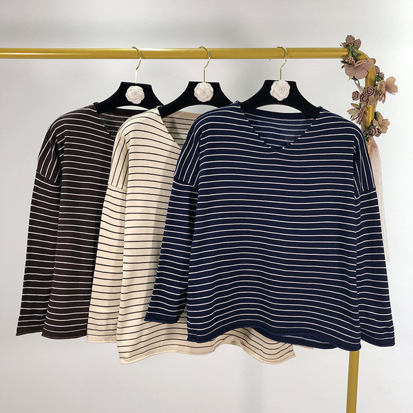 Κοντό ριγωτό 7/8 λεπτό πλεκτό πουλόβερ - τρία χρώματα