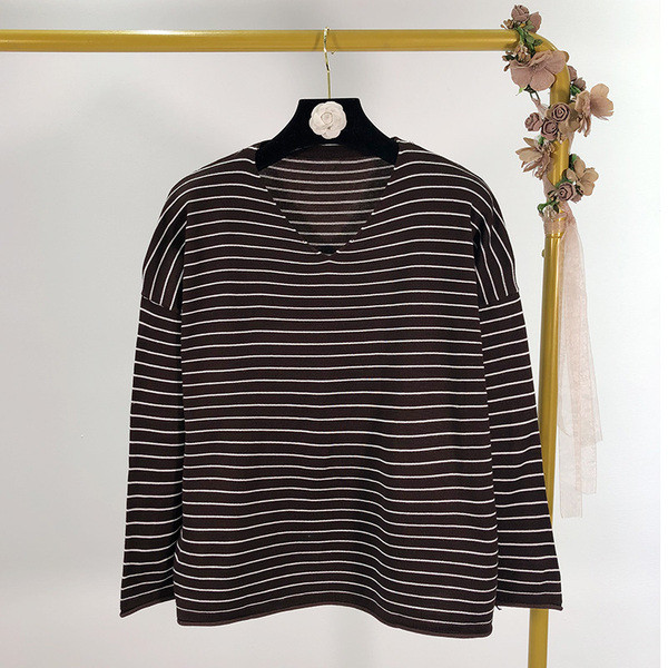 Κοντό ριγωτό 7/8 λεπτό πλεκτό πουλόβερ - τρία χρώματα