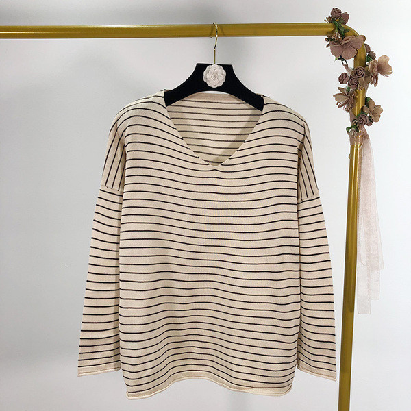 Κοντό ριγωτό 7/8 λεπτό πλεκτό πουλόβερ - τρία χρώματα