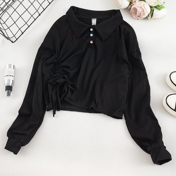 Γυναικεία μπλούζα σε μαύρο και πράσινο με κουμπιά και  κορδόνια