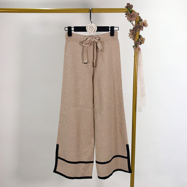 Pantaloni largi de dama din tricotat subtire cu cravate in doua culori