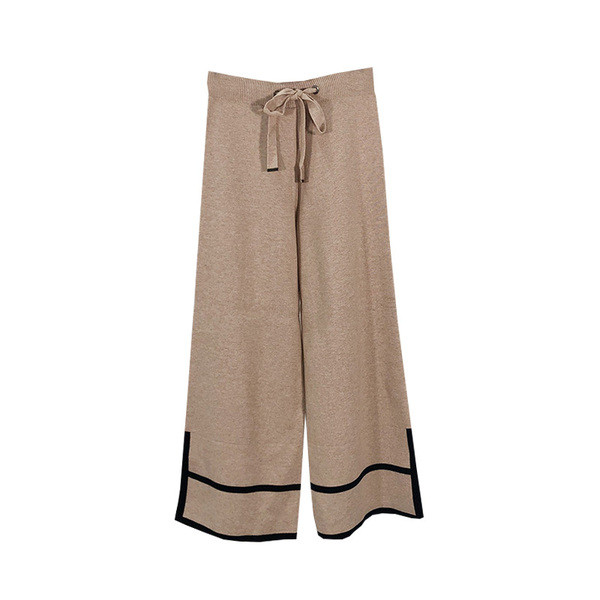 Pantaloni largi de dama din tricotat subtire cu cravate in doua culori