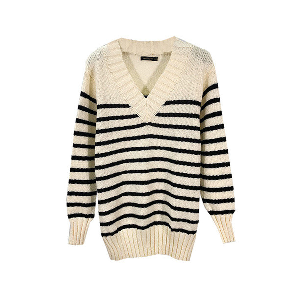 Csíkos alkalmi női pulóver spitz nyakkivágással és hosszú ujjakkal