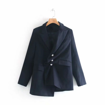 Стилно асиметрично дамско сако в син и черен цвят