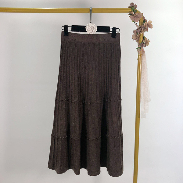 Fusta lunga plisata cu talie inalta de tricotat subtire